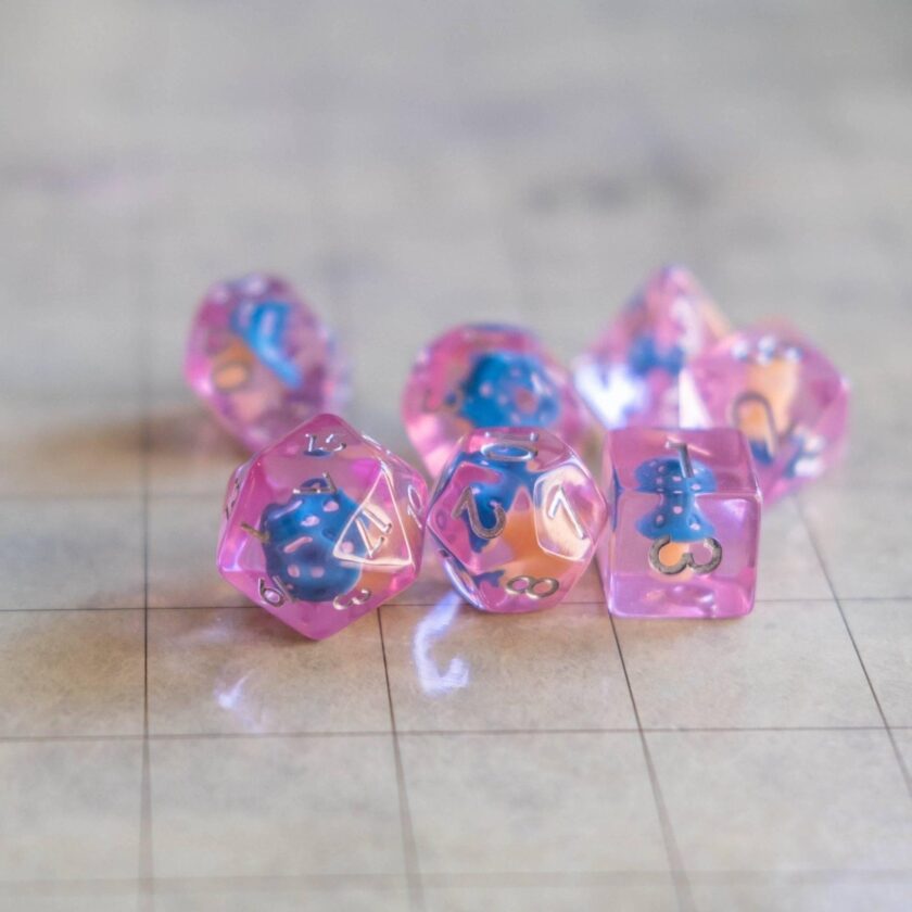 Pink with Blue Mushroom Dice Set - Image 2