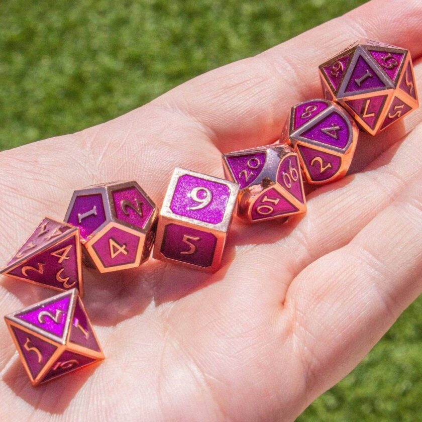 Purple and Rose Gold Metal Dice Set - Image 2