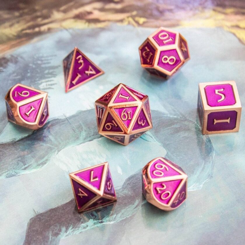 Purple and Rose Gold Metal Dice Set