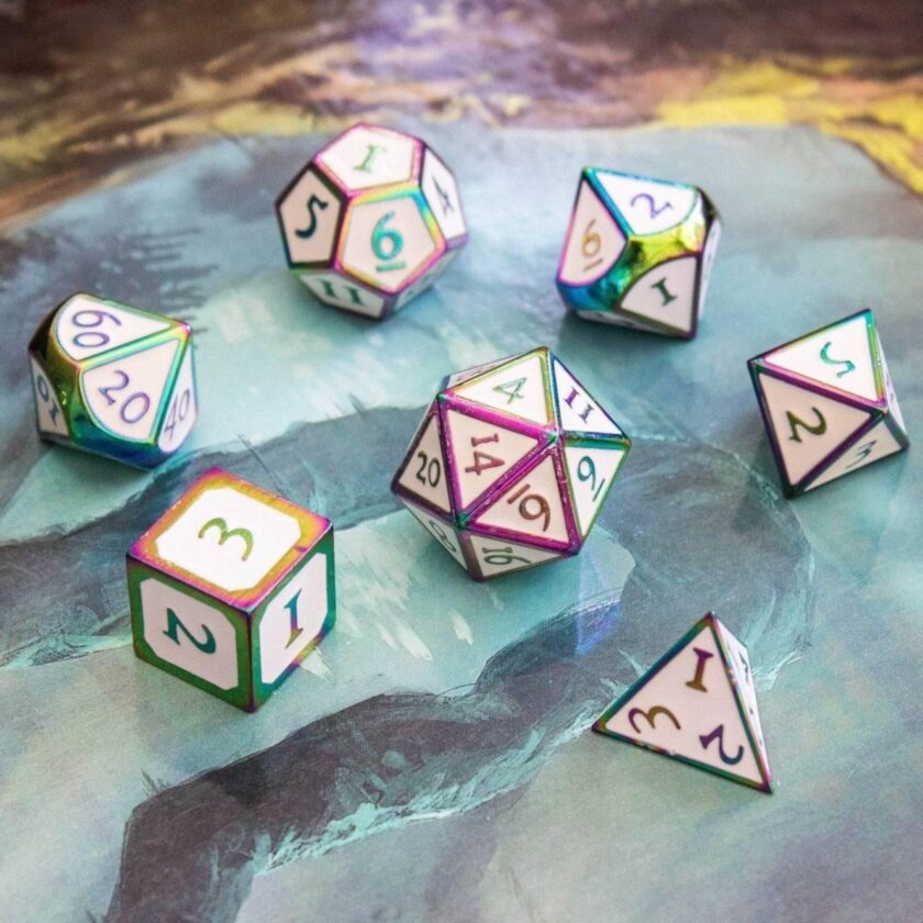 White and Rainbow Metal Dice Set - Image 6